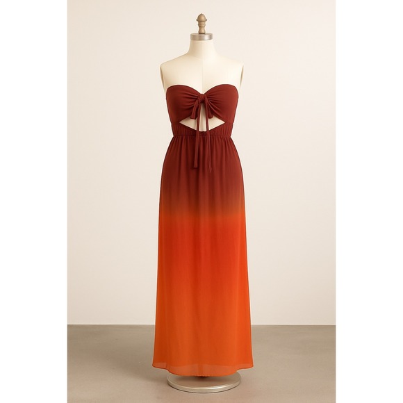 Bar III Womens Dress‎ Size L Red Orange Ombre Maxi Tie Front Ombre Boho Sunset - Picture 1 of 12